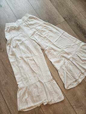 NewIn Linen Blend Wide Leg Ruffle Palazzo Pants Oatmeal Cream Boho Small